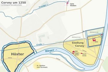 Verlauf der Schelpe durch die Propstei tom Roden um 1250. Karte mit Höxter, Nienkerken, Siedlung und Kloster Corvey